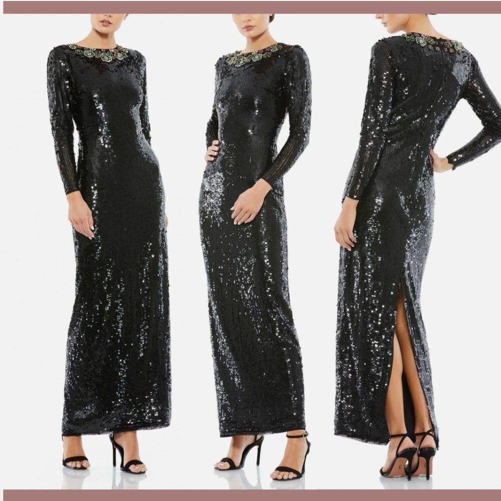 NWT $498 Mac Duggal [ 4 ] Sequined Embellished Collar Gown in Black Green‎ #Q468